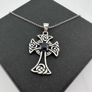 Bold Celtic Cross with Black Sapphire Center - Sterling Silver with 18" Chain